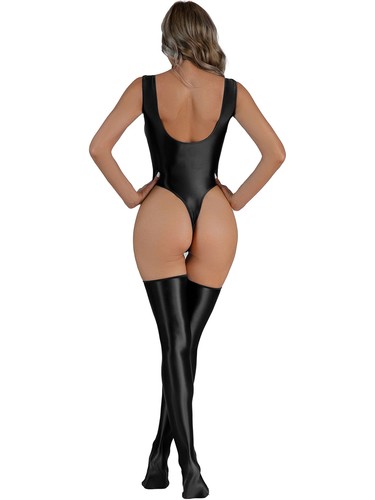 Sexy Traje corporal brillante al aceite para mujer Medias Lencería Corte alto Camiseta sin mangas Mono - Imagen 7 de 95