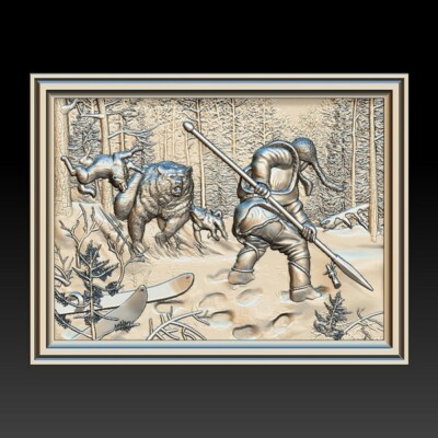 STL File Bear and Hunter -  Model for CNC Router Machine