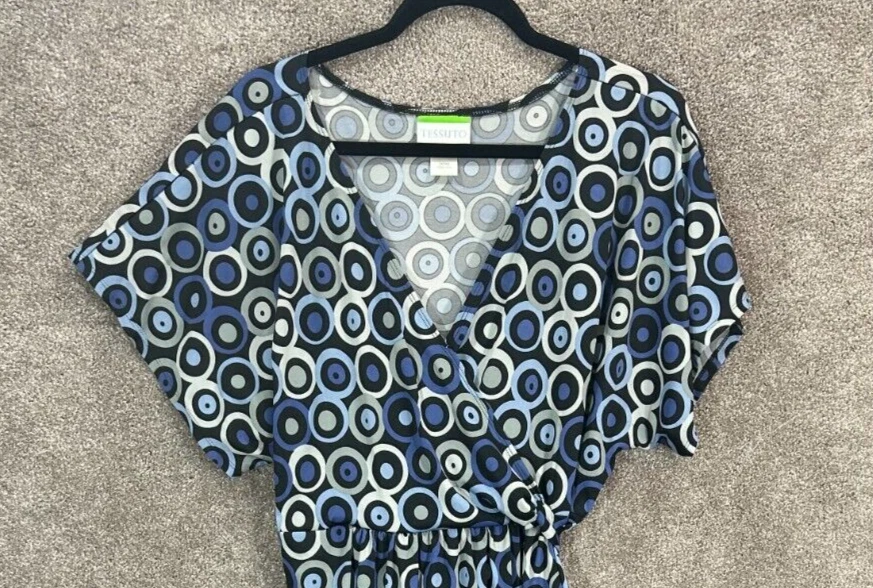 Vestido Tessuto 2X=18-20W Hasta la Rodilla Azul Remolino Círculos Gorra Manga Corta Corbata Trasera Foto 2 de 4