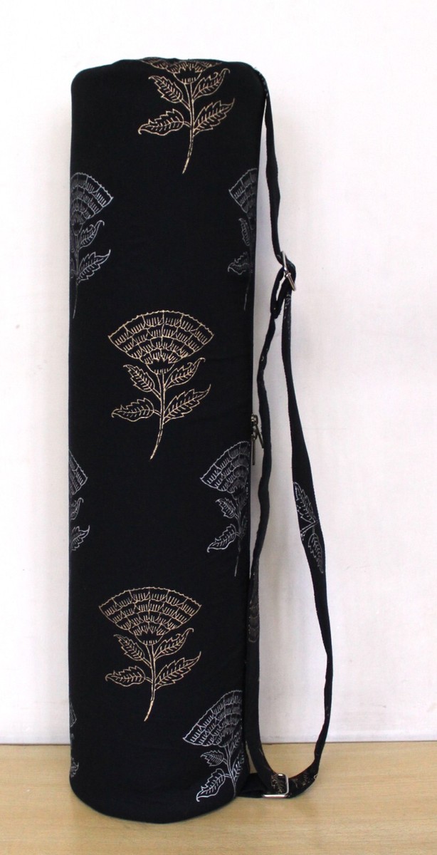 Sac à Tapis De Yoga Imprimé Floral - Noir Et Or - Fabriqué En Inde
