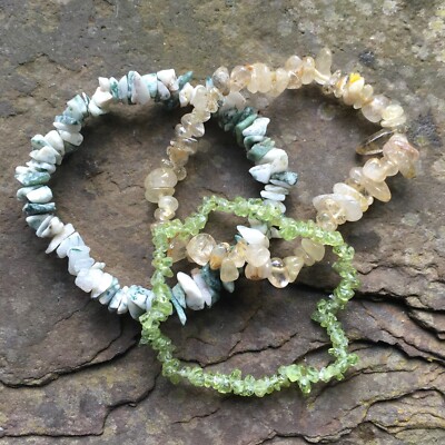 3er Pack: Crystal Chip Damen Armbänder: Moosachat, Peridot & Rutilquarz