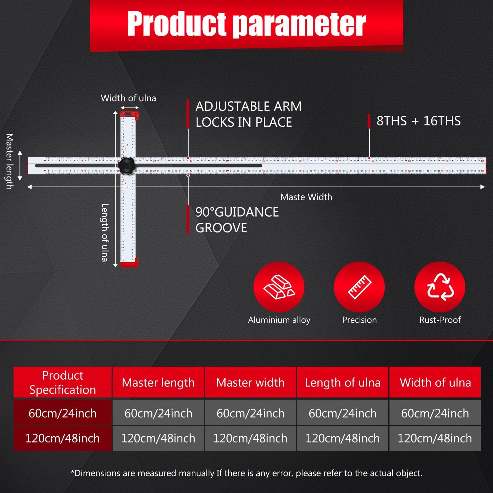 Adjustable Drywall T-Square Tool 48 Inch Aluminum Sliding Head Dual Scale