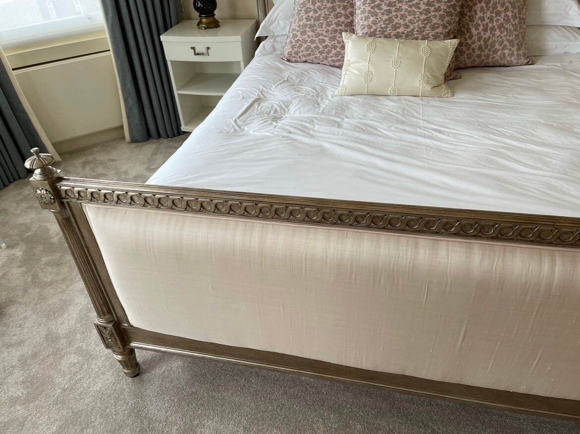 Luxury super king bed frame, And So To Bed, Platinum leaf & blush pink