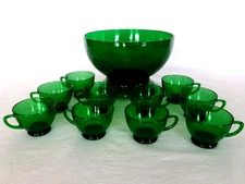 1960s Anchor Hocking FOREST GREEN PUNCH BOWL, BASE/STAND w/ 10 CUPS