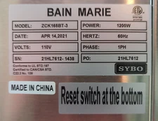 SYBO ZCK165BT-3 Commercial Grade Stainless Steel Bain Marie