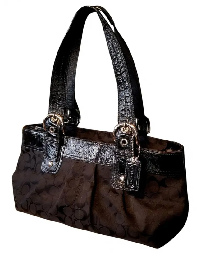 Coach Black Signature C Woven Canvas w/Patent Leather Trim