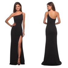 La Femme One Shoulder Simple Prom Jersey Dress with High Slit Black Sz 2