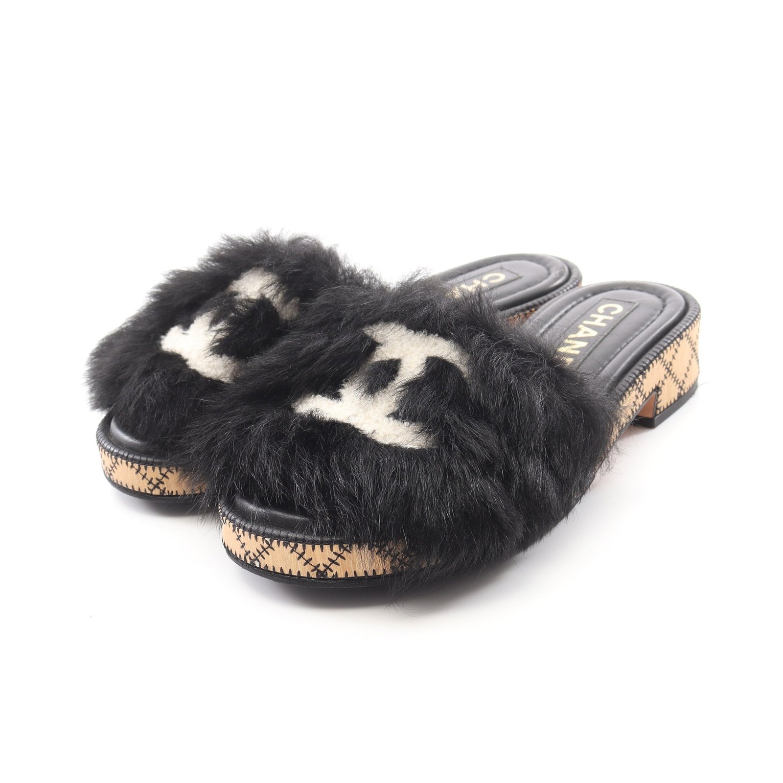 【Sandals】CHANEL Coco Mark Sandals Slide Leather Fur Black White Chanel