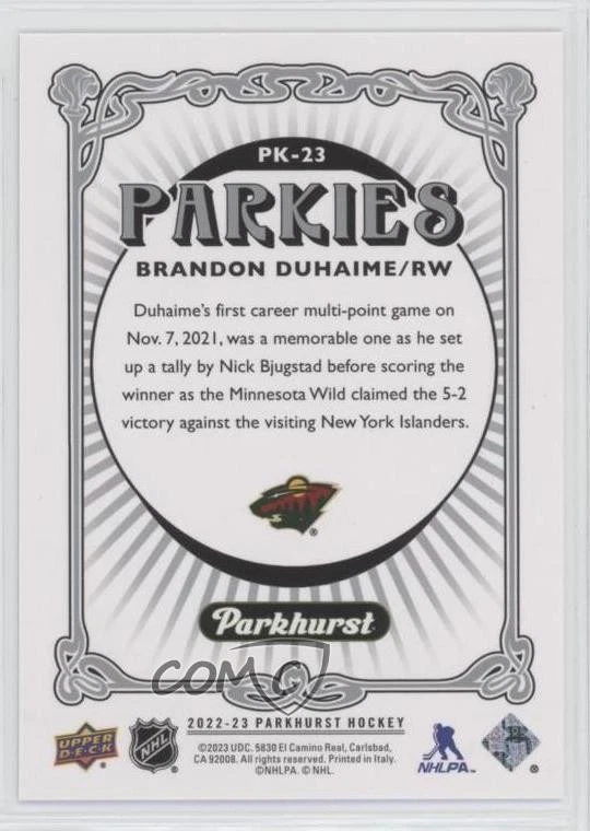 2022-23 Upper Deck Parkhurst Parkies Red Brandon Duhaime #PK-23 - Image 2 of 2