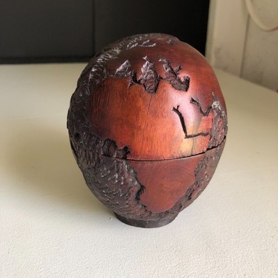 Vintage Hand Carved African Rosewood World Map Globe Lidded Box Heavy 287g 4.5''.