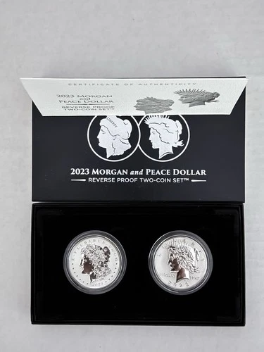 2023-S Reverse Proof $1 Morgan and Peace Silver Dollar 2pc Set Coa ,OGP & FS