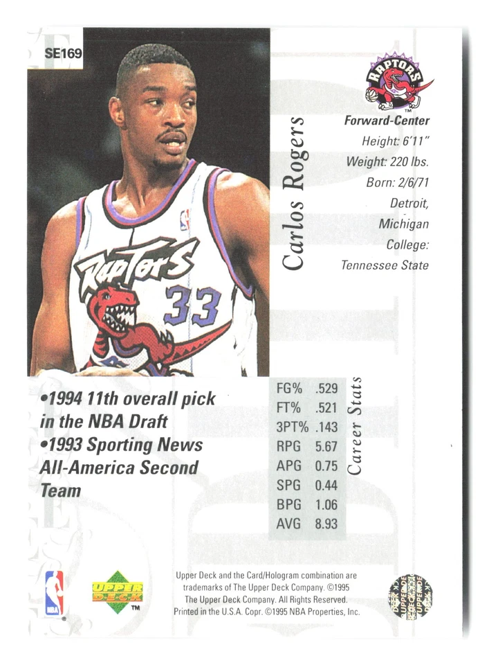 1995-96 Upper Deck #SE169 Carlos Rogers Special Edition - Image 2 of 2
