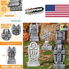 17 Inch Halloween Tombstones Decorations Set with 12 Metal Stakes for Outdoor