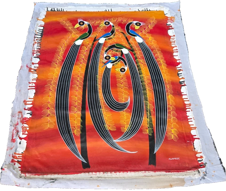 Pájaro de cola larga original firmado Tinga Tinga pintura al óleo de África oriental sobre lienzo Foto 2 de 3