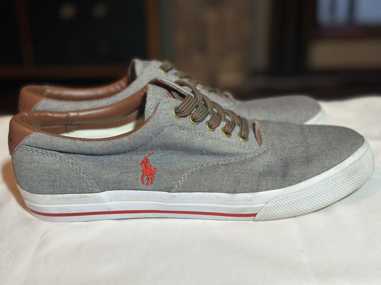 Polo Ralph Lauren Vito Pony Logo Chambray Pelle Sneakers Casual Grigio Taglia 11D