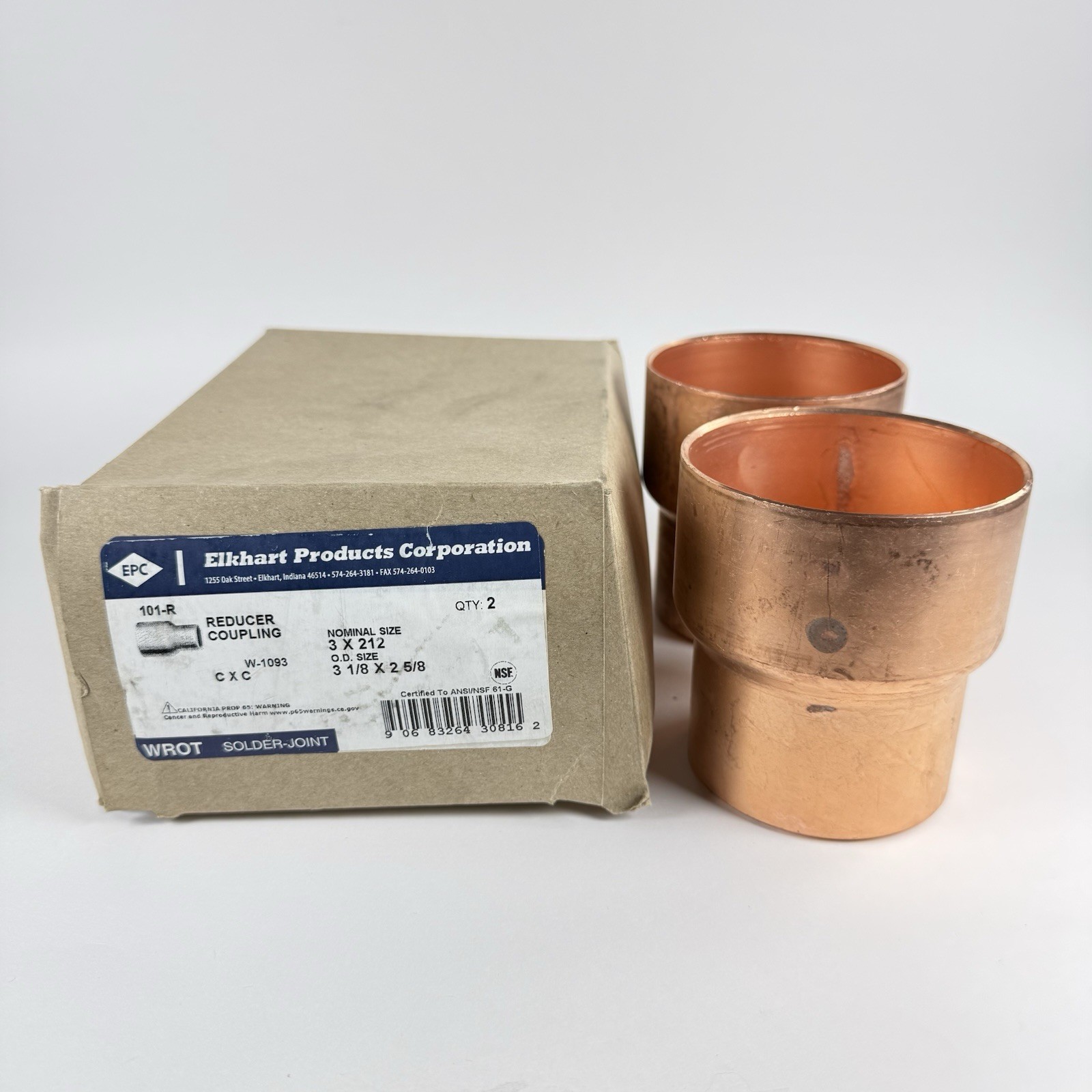 (2) Elkhart EPC 101-R Copper Reducer Coupling 3 x 2-1/2 C x C Wrot Solder Joint