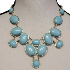 Blue Gold Tone Bubble Statement Necklace 19" Bib Retro Y2K Cabachon Turquoise