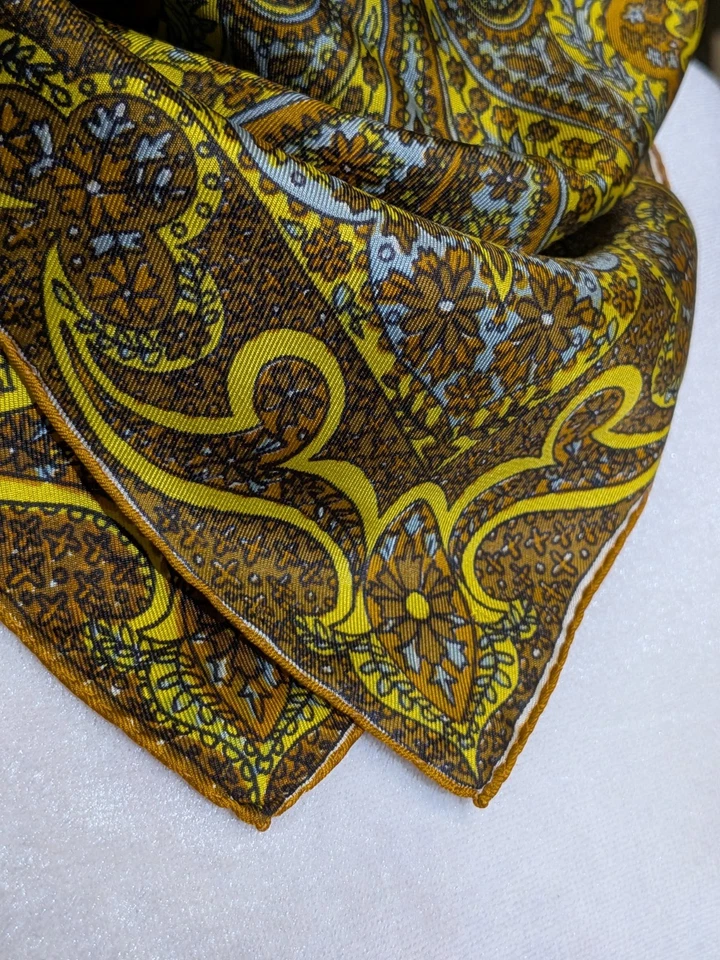 Vtg Scarf By Vera All Silk Rolled Edge Paisley Lime Green Bronze Retro Office - Image 3 of 4