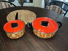 Enamelware Boho Cottagecore Orange Birds Flowers Dutch Oven w/Lid And Sauce Pot
