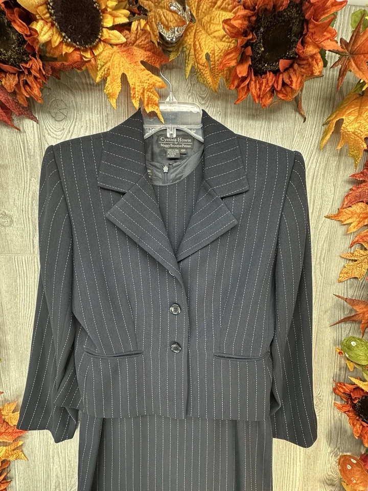Dress Suit Set | Jacket & Dress Size 10P - Women’s 2PC Career Navy Pin Striped - Image 4 of 4