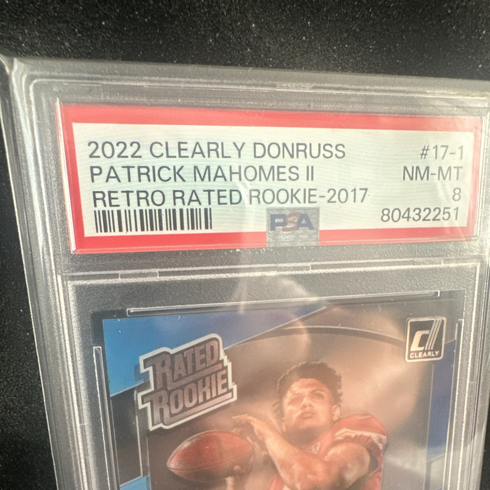 Panini 2022 Clearly Donruss Retro Rated Rookie Patrick Mahomes II #17-1 PSA 8 view 2