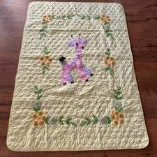 Handmade Baby Quilt with Adorable Pink Giraffe Applique  Crochet Flowers 58x40
