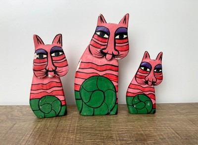 Vintage Laurel Burch Katzen handbemalte Holzfiguren 80er Jahre 3er Set