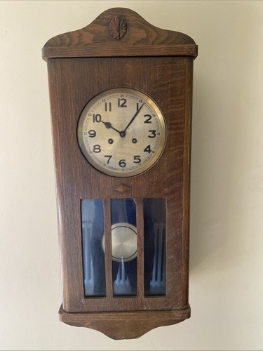 Vintage Oak Cased Wall Clock Working Fine With Clock Key