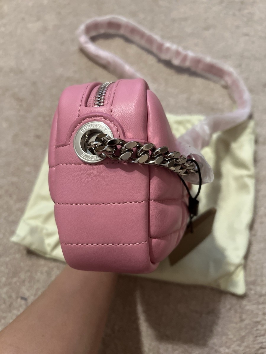 Authentic Burberry Pink Quilted Lambskin Leather Lola Mini Camera