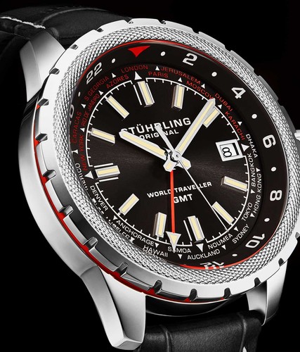 Stuhrling 1014 01 World Voyageur Quartz Gmt Date Montre Cuir Homme - Photo 3 sur 4
