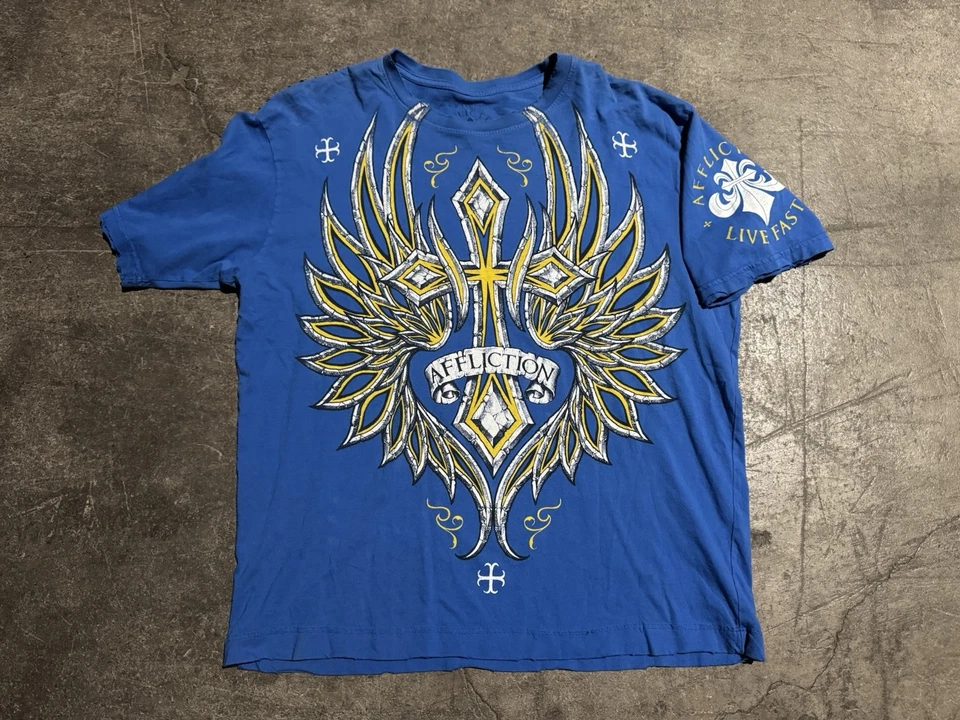 Y2K Affliction Wings Skull Gothic Grunge T Shirt Blue Yellow XL Mens Punk - Image 2 of 4
