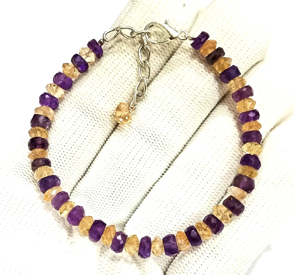 Natural Citrine and Amethyst Faceted Rondelle Bracelet Handmade Gemstone Jewelry - Image 3 of 4