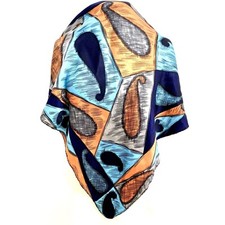 Vintage Silk Scarf - Abstract Paisley Print - Blue, Orange Black - 26"x26 A49
