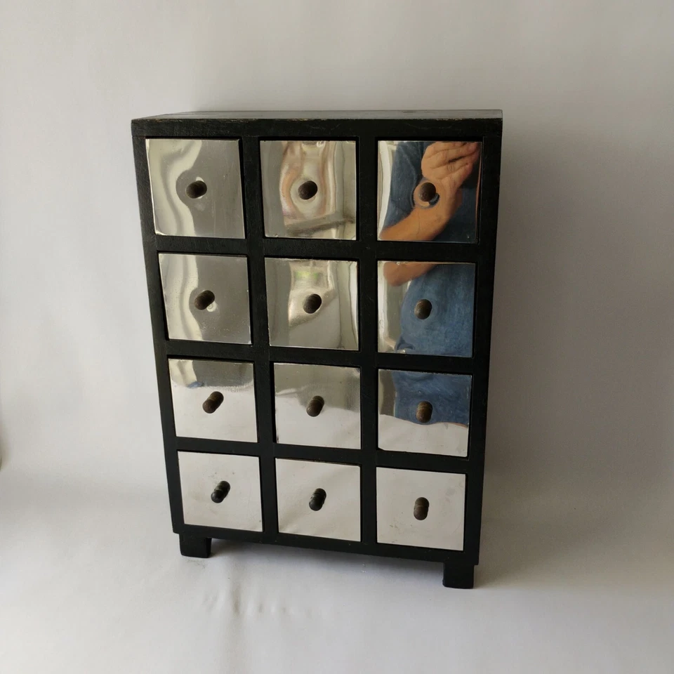 Vintage Black Wood and Silver Metal Table Top Chest of Drawers Hardwood Handmade - Image 2 of 4