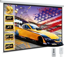 100" Projector Screen Motorized 4:3, 4K HD Pull down Retractable Projection Scre