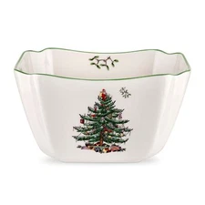 Spode Christmas Tree Large Square Bowl - 10" Festive Holiday Porcelain Serveware