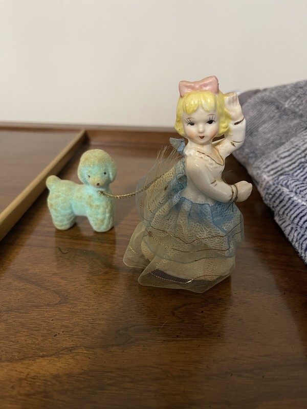 Vintage Blue Little Bo Peep with Chain Sheep Ceramic Figurine
