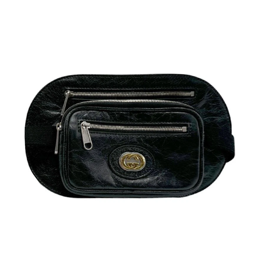 GUCCI Authentique Sac Taille Ceinture Sac Corps Enclenché G Cuir Noir VN02 