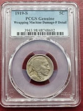 1919 S Buffalo Nickel 5c PCGS F Detail - Wrapping Machinen Damage #77980