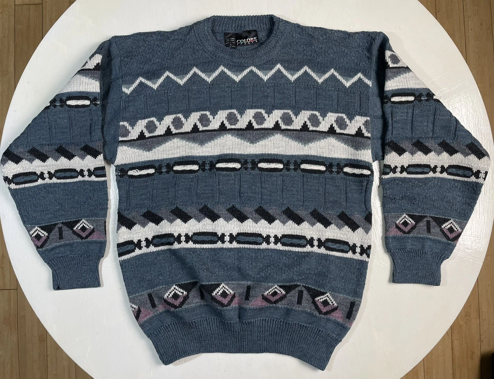 Vintage Colore Italia Men Size Large Wool Blend Sweater Gray Geometric Pattern L