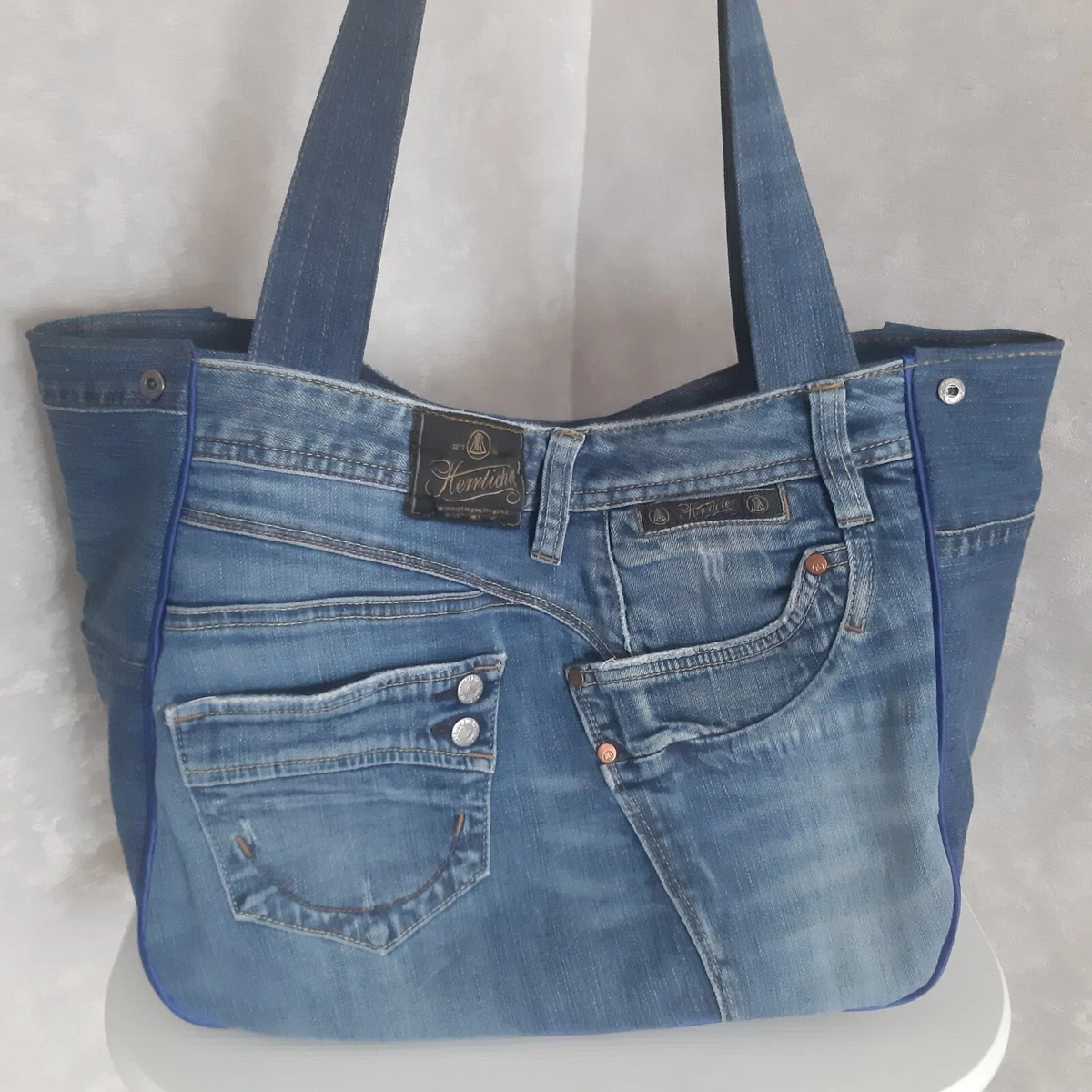 Blue Denim Shoulder Bag Weekend Tote Bag With Pockets Large 