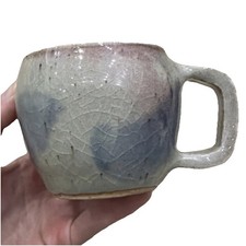 Vtg OOAK Studio Art Pottery Handmade Blue Grey Crackle Glaze Ceramic Mug Signed