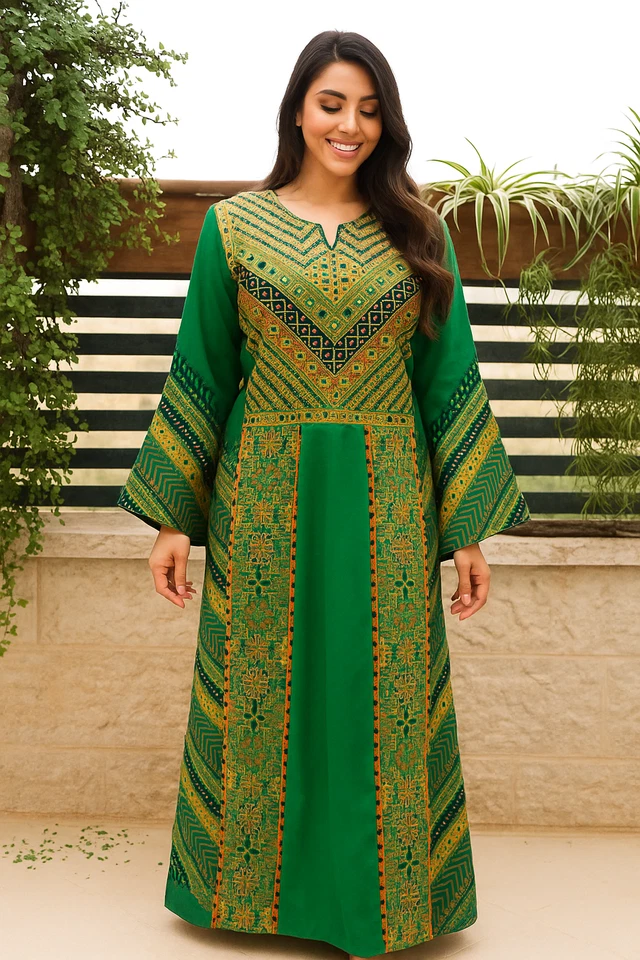 Tatreez Thobe verde esmeralda | Vestido Abaya bordado palestino | Thobe verde Foto 3 de 4