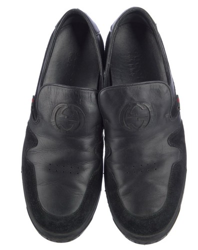 Gucci Web Accent Black Leather  Slip On Sneakers Size 6.5 US Men