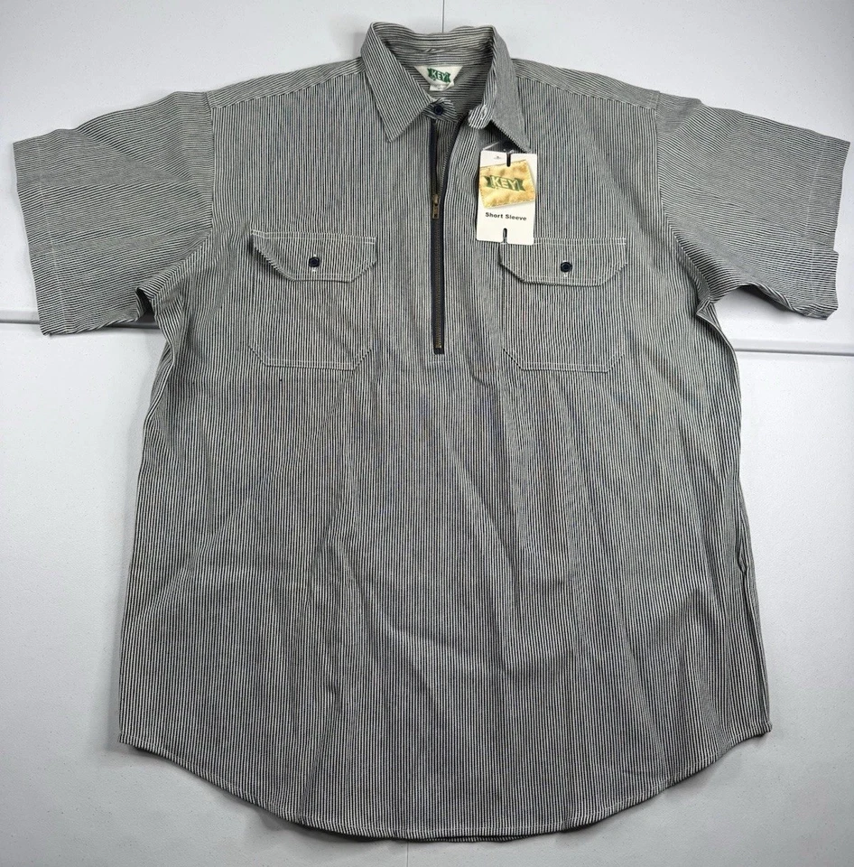 Key Hickory Stripe Logger Shirt Short Sleeve 1/4 Zip Heavy Cotton Work XL NWT - Image 2 of 4