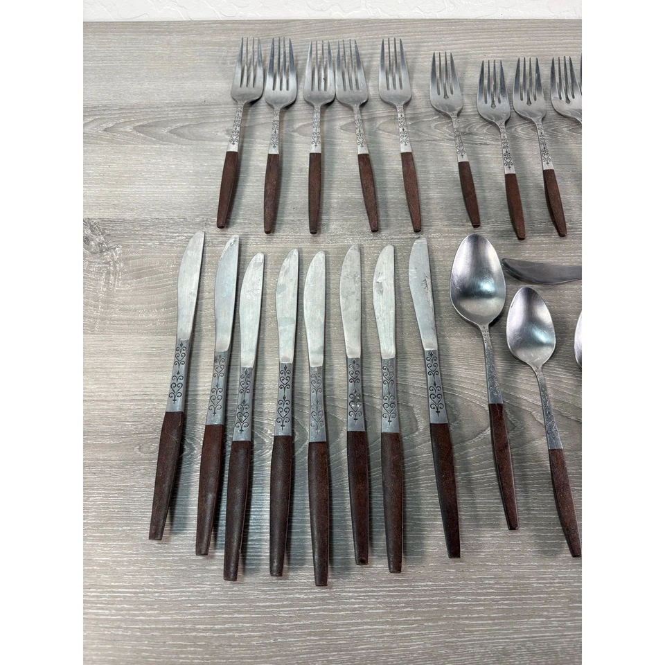 Juego de cubiertos de acero inoxidable Interpur - Mango de madera - 24 piezas - Vintage mediados de siglo Foto 3 de 4