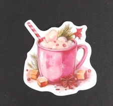 Pink Christmas Candy Cane Hot Chocolate Sticker 2.25" x 2.18" (E)
