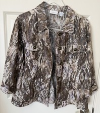Chico's Brown White Ikat Linen Blend Button Front Jacket Shimmer Women's 3