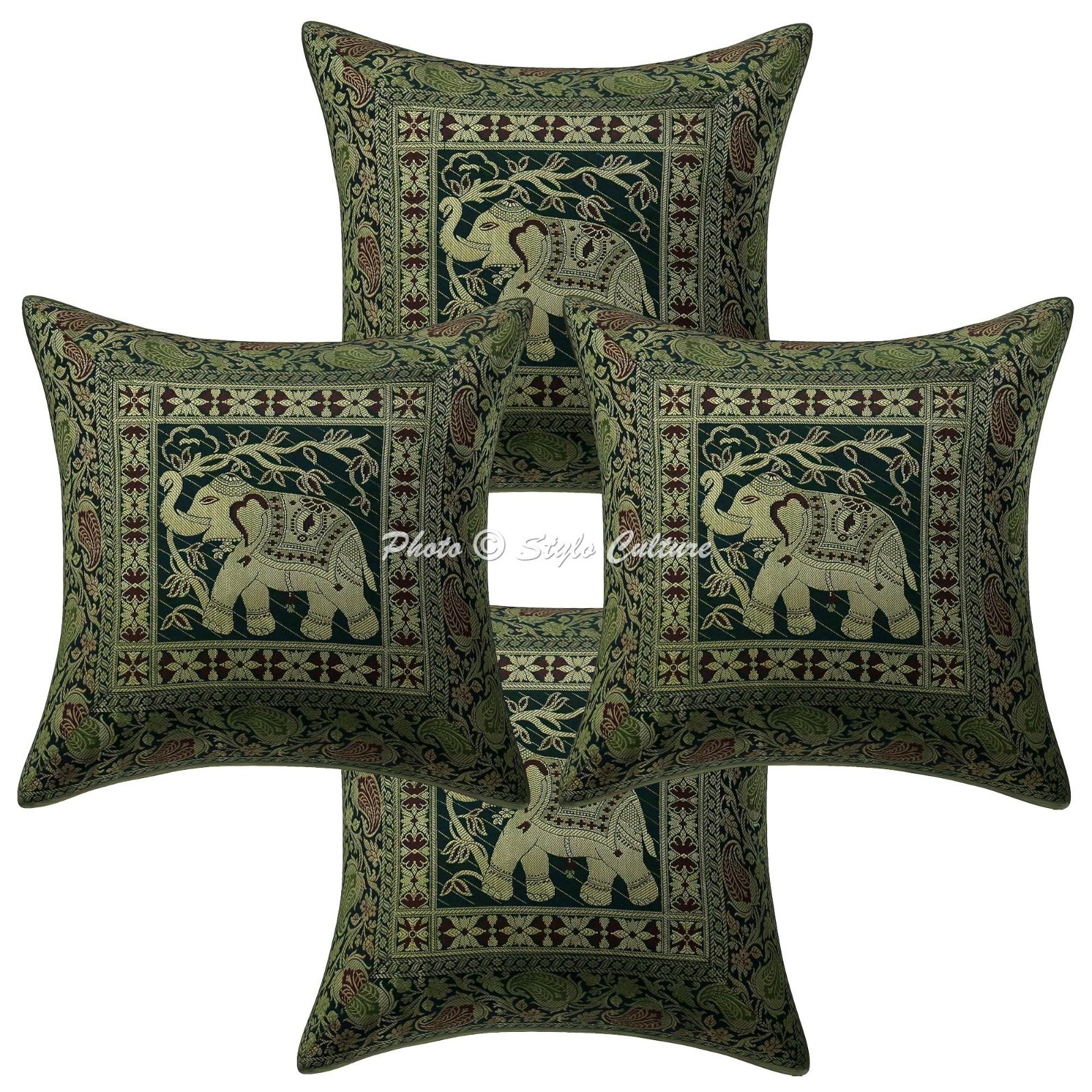 Ethnic Brocade Elephant Throw Pillow Cover 16x16 Green