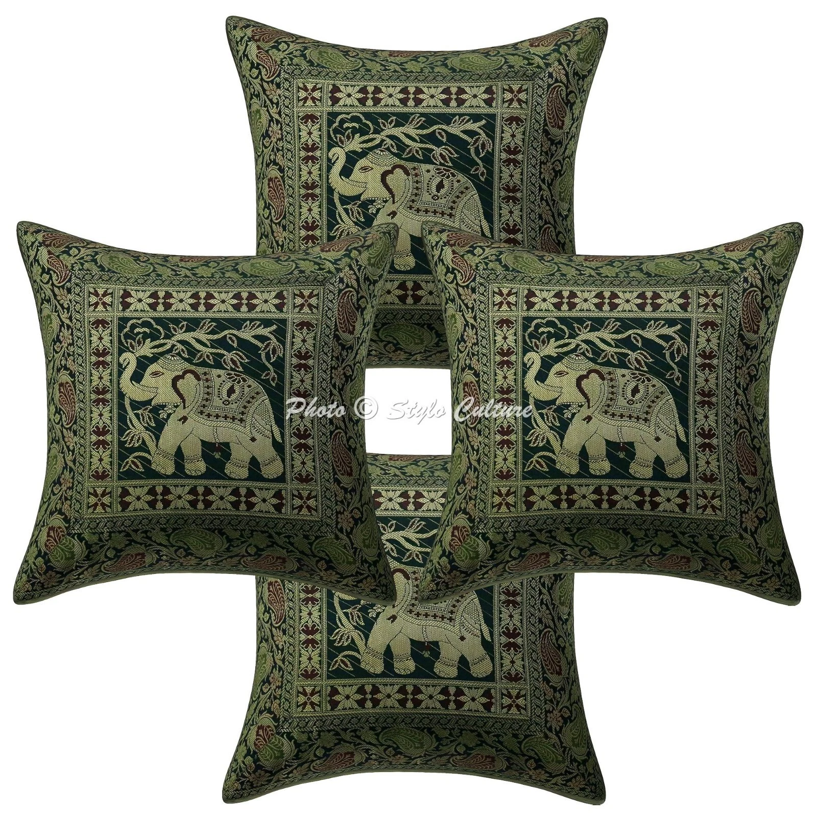 Ethnic Throw Pillow Covers 16x16 Brocade Elephant Green Home Decor Cushion Cover